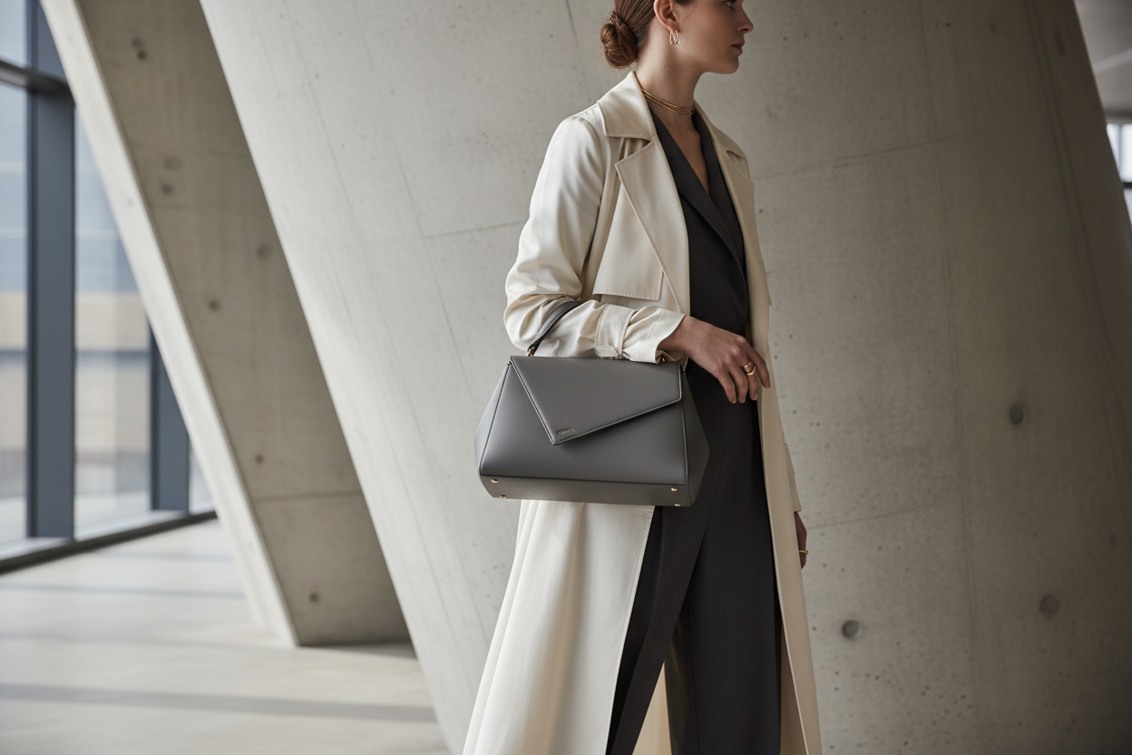 uma mulher com uma bolsa cor cinza 